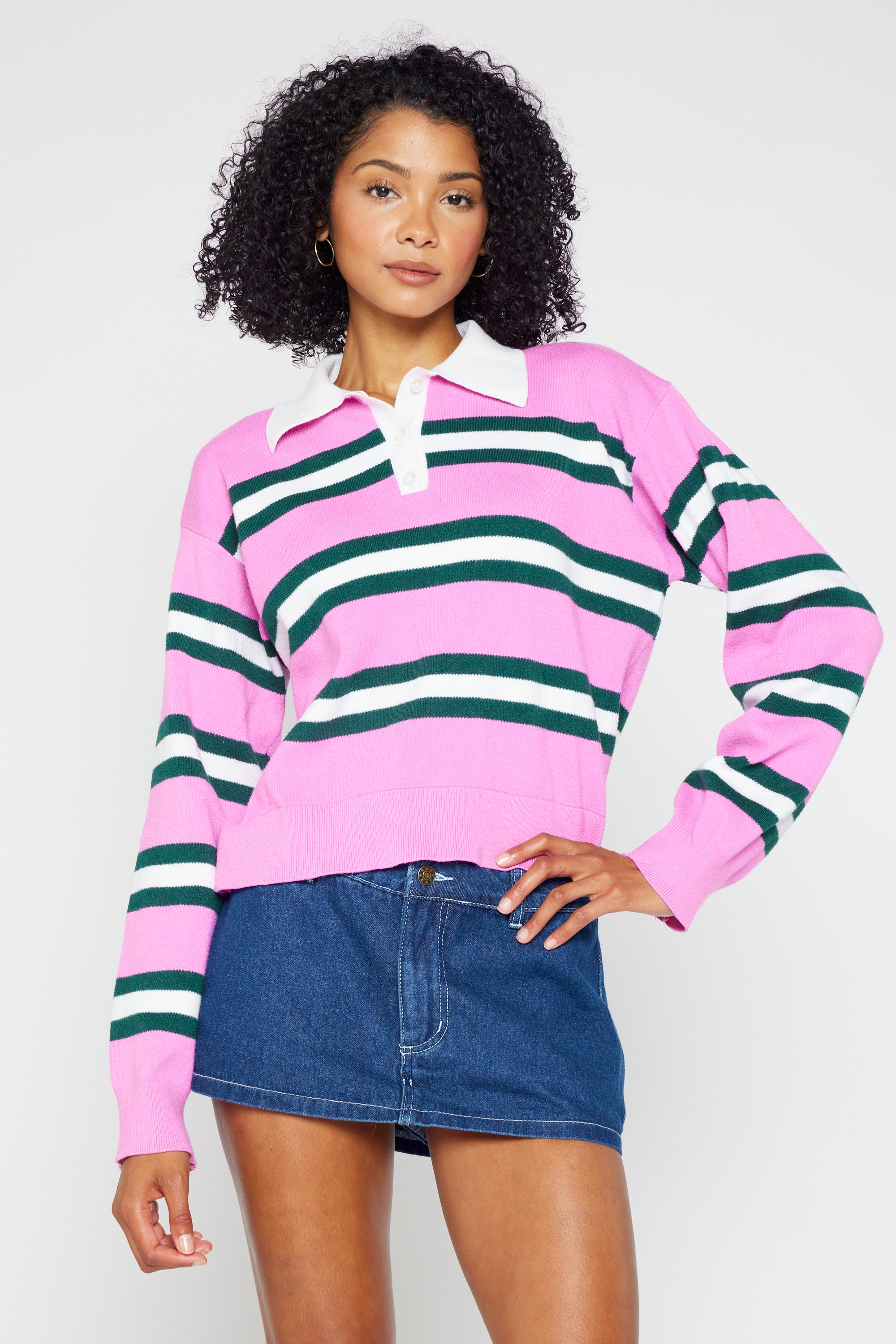 Nina Striped Polo-Neck Sweater