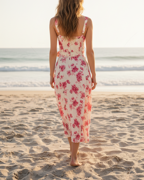 Pink Floral Bustier Midi Dress
