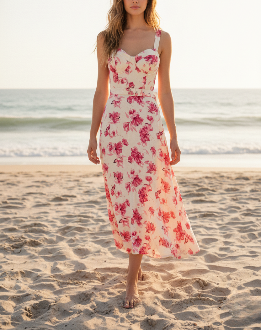 Pink Floral Bustier Midi Dress