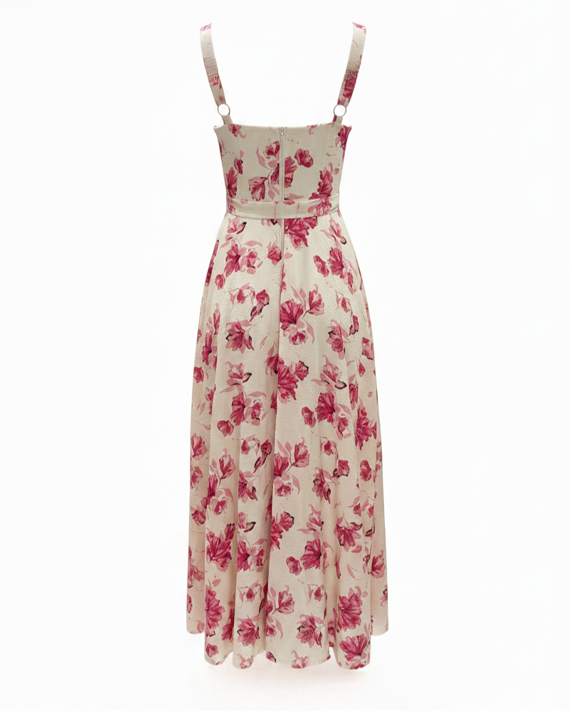 Pink Floral Bustier Midi Dress