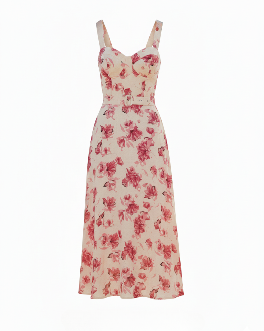 Pink Floral Bustier Midi Dress
